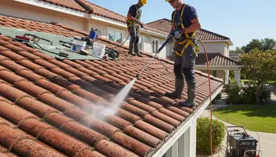 Memphis, TN siding service crew cleaning roof to remove algae, moss, and debris